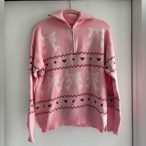 Pink Quarter Zip Sweater with Bows and Hearts